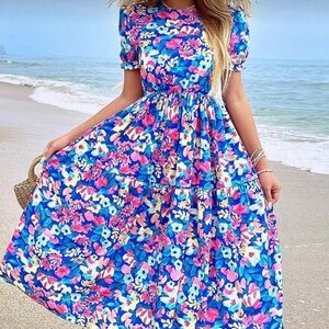 SHEIN Vibrant Floral Maxi Dress in Blue and Pink